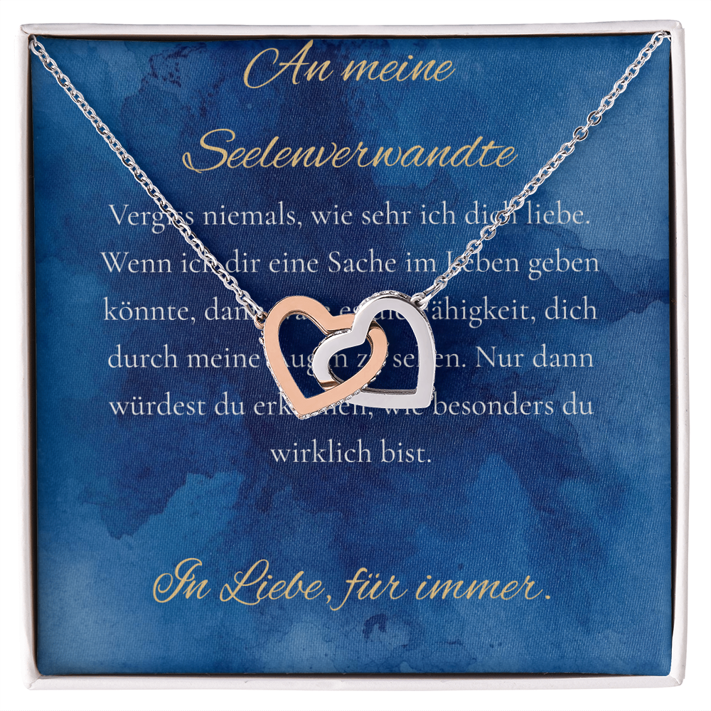 "An meine Seelenverwandte" - Ineinandergreifende Herzen Halskette (14k Weißgold veredelt)