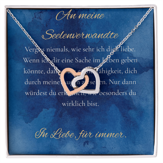 "An meine Seelenverwandte" - Ineinandergreifende Herzen Halskette (14k Weißgold veredelt)