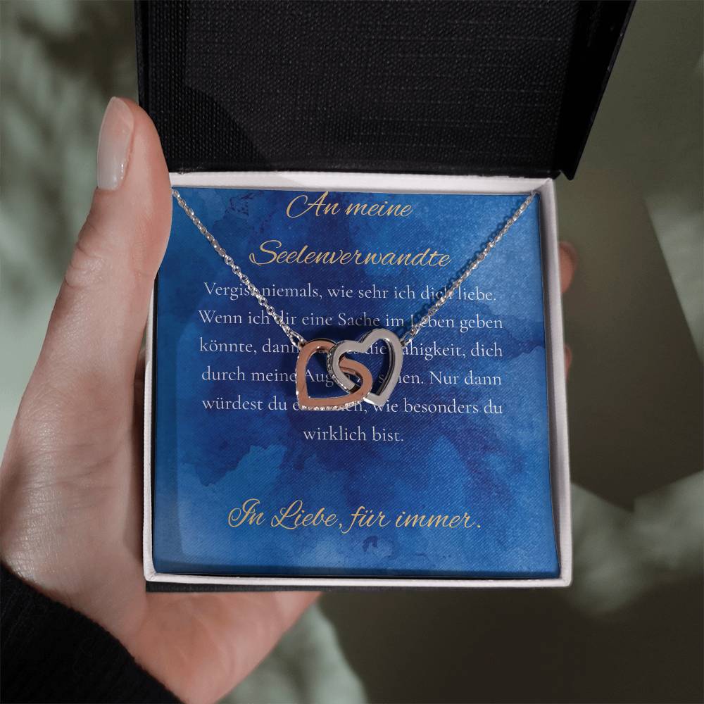 "An meine Seelenverwandte" - Ineinandergreifende Herzen Halskette (14k Weißgold veredelt)