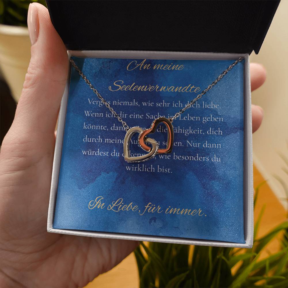 "An meine Seelenverwandte" - Ineinandergreifende Herzen Halskette (14k Weißgold veredelt)